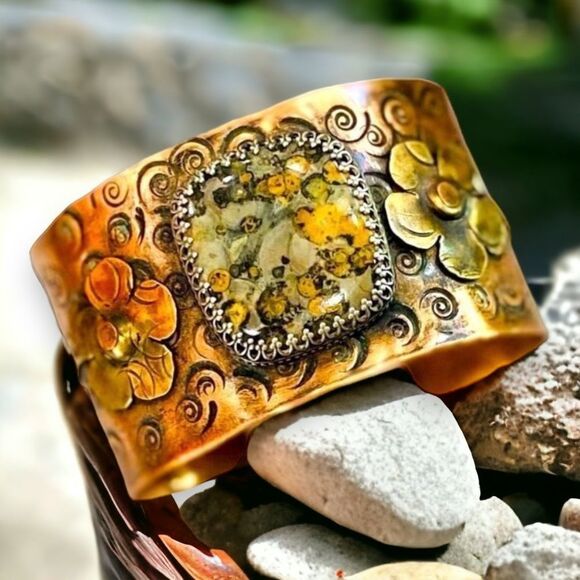 Custom Jewelry - Natural Ocean Jasper Stone Mix Metal Custom Statement Cuff Bracelet NEW